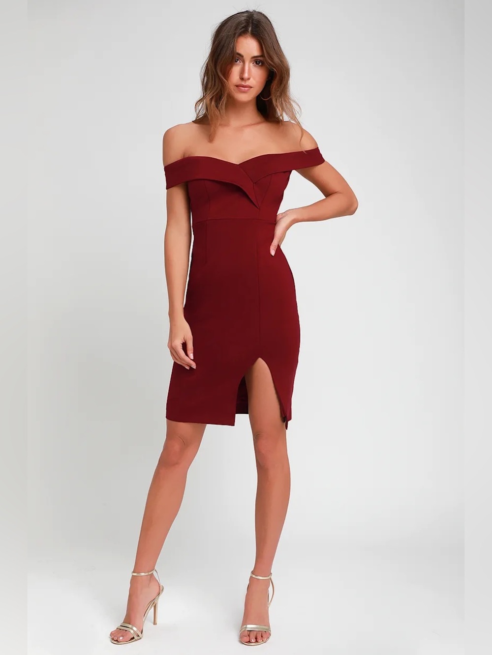 Lulu's Off-Shoulder Wine Bodycon Dress with Front Slit